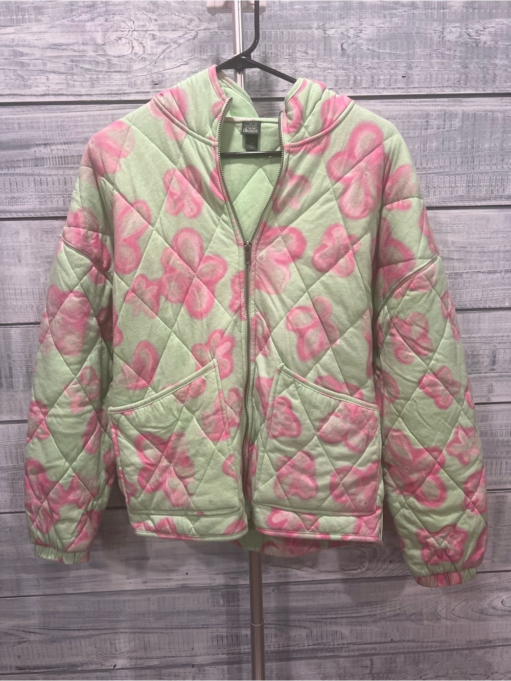 wild fable Light Green Quilted Hooded Puffer with Pink Floral Print
